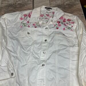 Blaine Trump Womens 1X White Denim Floral Embroidered Button Front Jacket